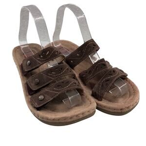 Earth Spirit Gelron Brown Tan Leather Hook Loop Adjustable Platform Slide Sandal